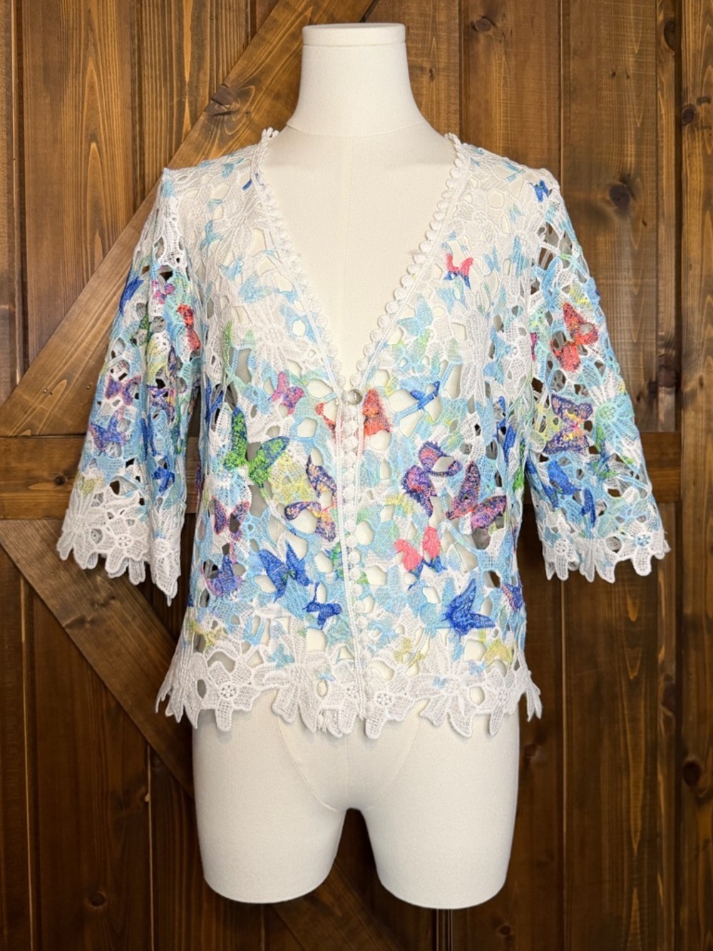 Rabbit Rabbit Designs Lace Floral Embroidered Button Cardigan Top Women's S EUC
